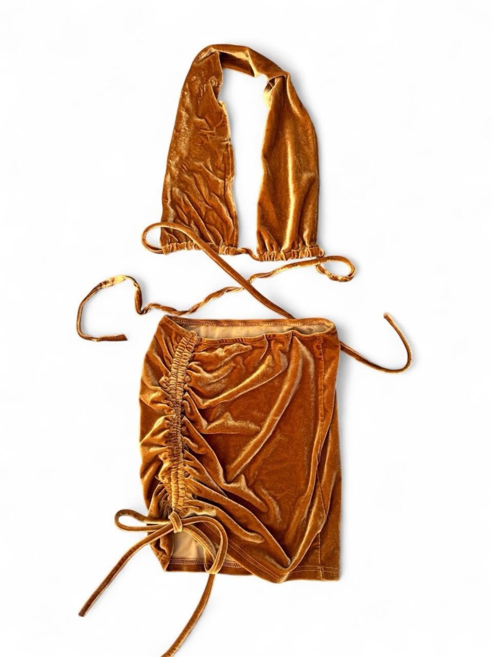 Velvet Ruched Halter Mini Set in Mustard - Women Intimates & Sleepwear
